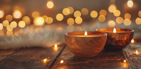 candles, warmth, relaxation, cozy ambiance, wooden bowls, soft bokeh, festive lights, home decor, calming atmosphere Two glowing candles in wooden bowls, surrounded by bokeh lights, create a cozy se