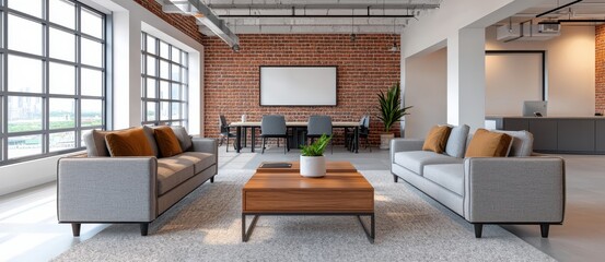 Modern office interior featuring stylish sofas, wooden table, and large windows, creating a bright and inviting workspace.