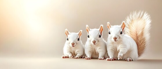 Three adorable white squirrels playfully pose together on a soft background, showcasing their fluffy tails and curious expressions.