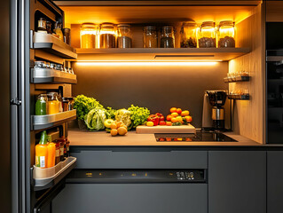 Modern Kitchen Photo - Open Refrigerator, Wooden Shelves, and Fresh Vegetables