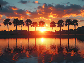 Wall Mural - Florida Sunset Illustration with Palm Trees Reflected in Water