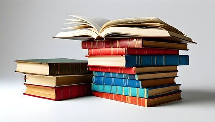 Vibrant collection of hardcover books with one playfully leaning out against a crisp white background