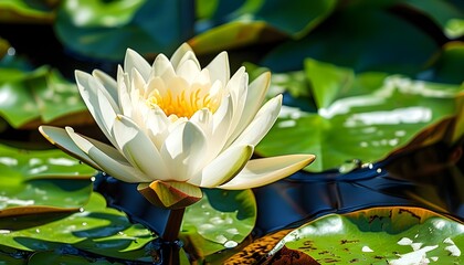 Elegant white water lily glowing in sunlight amidst lush green lily pads in a serene pond setting