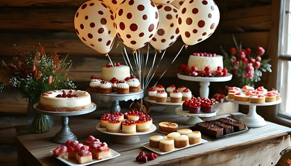 Festive dessert table adorned with polka dot balloon bouquet in a charming rustic setting