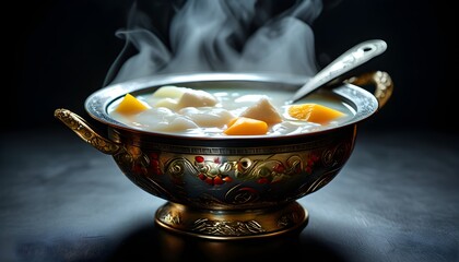 Elegant metalwork soup bowl glowing against a dark backdrop