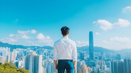 Wall Mural - 
Chinese young business man stands at the foot of an office building, gazing towards the horizon with determination and purpose. The scene is cinematic, blue sky, and city background of skyscrapers