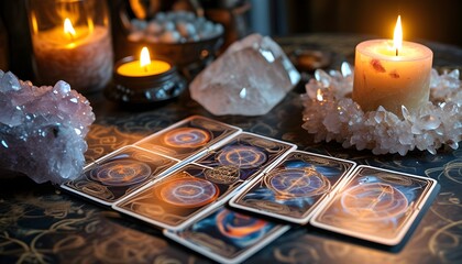 Mysterious tarot reading setup with candles and crystals for divination