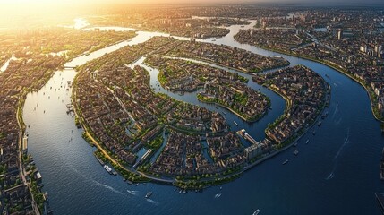 Wall Mural - Aerial View of City Island with River