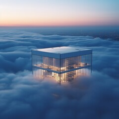 A modern glass skyscraper floats above the clouds at sunset, with a city skyline visible in the distance.