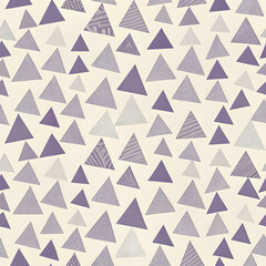 Purple and Grey Triangles Pattern:  A modern and minimalist design featuring a seamless pattern of various shades of purple and grey triangles on a warm beige background. Perfect for creating a stylis