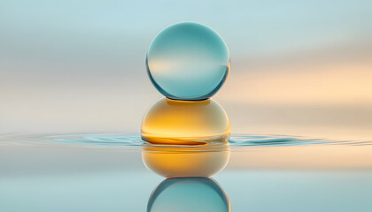 Wall Mural - Abstract image of two glass spheres floating on water, reflecting the sky and creating a sense of balance and tranquility.