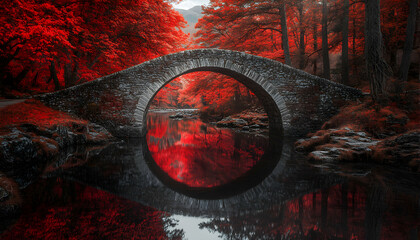 Sticker - A stone arch bridge over a river with red trees reflecting in the water.