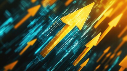 Abstract digital background with glowing yellow arrows pointing upwards against a blue digital code background.