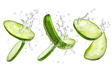 Flying cucumber has water drop with slices collection isolated on white background, ai