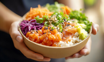 Close-up of a person holding a bowl of delicious poke with salmon, avocado, and rice.