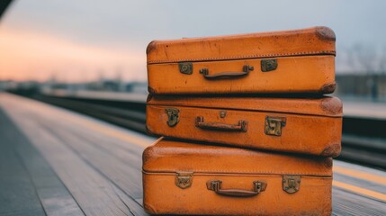 Vintage leather suitcases stacked at a train station warm golden sunset light nostalgic travel scene retro luggage wooden platform steam from train travel photography retro style vintage aesthetic tra