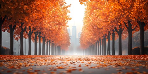 
Empty autumn road covered with fallen leaves and trees forest with orange foliage