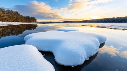 Winter landscape with snowcovered trees frozen lake reflecting sunset peaceful winter scene snow sparkling under sunlight winter sunset serene nature calm winter day snowy pine trees cold and peaceful