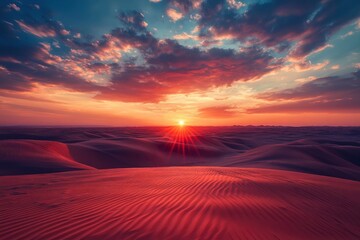 Wall Mural - Sunset over the desert of Saudi Arabia wide view, ai