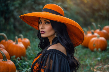 Halloween Witch with Orange Hat in Pumpkin Patch