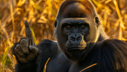 Sticker - A close-up of a gorilla looking directly at the camera, its index finger pointing upwards.