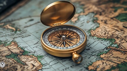 a classic compass with an open lid is lying on a vintage world map.