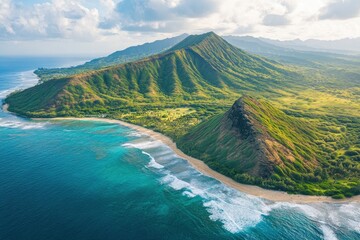 Aerial view of Koko Head and mountain landscape overlooking ocean and beach, Hawaii, United States , ai