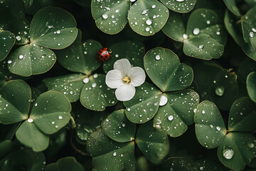 Wall Mural - Close up of a white flower with green clover leaves and dew drops.