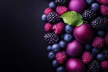 Wall Mural - A cinematicstyle photograph of a purple fruit with a glossy smooth surface combined with fruits in shades of deep plum violet and mauve The fruits are tightly packed forming a luxurious rich arrangeme