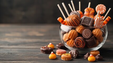 A vibrant assortment of colorful candies and chocolates arranged in a glass bowl on a rustic wooden surface.