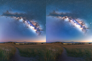 Starry night sky over a field with a dirt path leading to a small town in the distance.