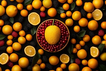 Wall Mural - A cinematicstyle photograph of a yellow fruit with organic folds surrounded by fruits in shades of golden yellow amber and honey The fruits are tightly packed forming a dense compact arrangement with