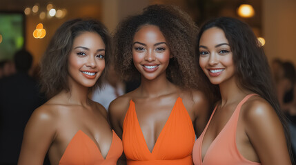 Poster - Three women are smiling and wearing orange dresses. They are posing for a photo. Scene is happy and cheerful