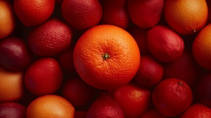 Wall Mural - A cinematicstyle photograph of an orange fruit with smooth folded texture placed in a cluster of fruits in shades of burnt orange copper and coral The fruits are arranged closely together with minimal