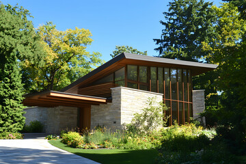 Modern house with a stone facade and large windows, surrounded by lush greenery.