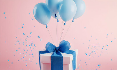 A gift box with blue balloons and confetti on a pink background.