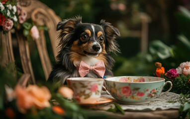 A dog wearing a pink bow tie sits at a table with two cups