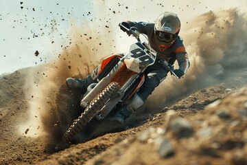 Motocross Rider Leans Into A Turn On A Dusty Track