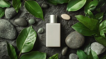 Wall Mural - A white bottle of perfume surrounded by green leaves and stones on a black background.