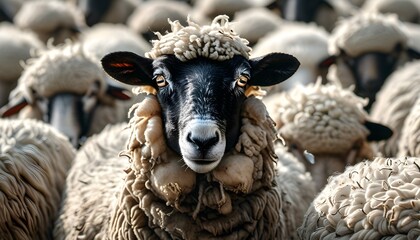 Wall Mural - Dominant black sheep stands proudly at the forefront of a flock, asserting leadership amid a sea of white woolly companions