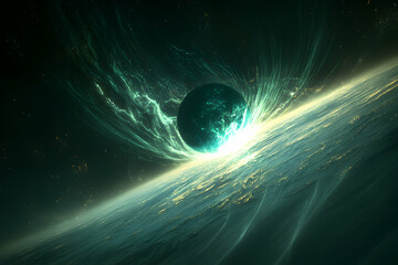 A mesmerizing abstract depiction of a black hole with green energy swirling around it, captured from the perspective of an orbiting planet.