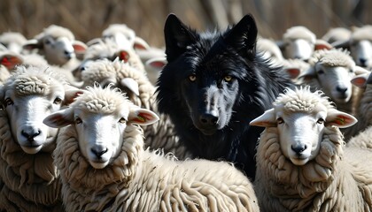 Contrast of a black wolf amidst white sheep in a tranquil pastoral setting