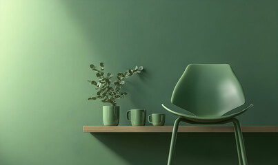 A green chair sits in front of a green wall with a plant and cups on a wooden shelf.