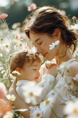 Wall Mural - Mother and baby in the flower bushes in the outskirts