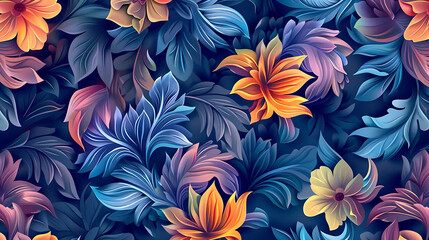 Wall Mural - Seamless pattern with vibrant blue, orange and yellow flowers and leaves.