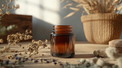 Wall Mural - Amber glass bottle with dried flowers on a wooden surface.