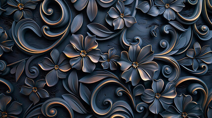 Sticker - Abstract 3D floral background in dark blue and gold tones.