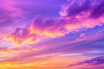 Wall Mural - sunset cloudscape Panoramic with rich purple and pink tones blending into orange at horizon, tranquil evening sky view, natural dusk setting, soft wispy cloud formation, twilight backdrop, ai