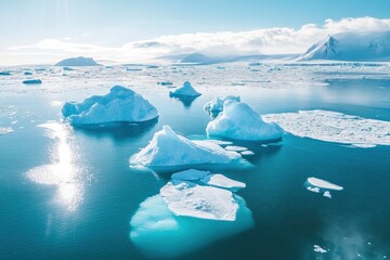 Tranquil Arctic scene icebergs floating blue ocean. Broken sea ice under bright blue sky sunlight. Glacier melting in polar summer, aerial. Ecology, melting ice, climate change, global warming, ai