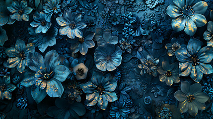 Wall Mural - Blue and gold floral background with a rich, textured look.